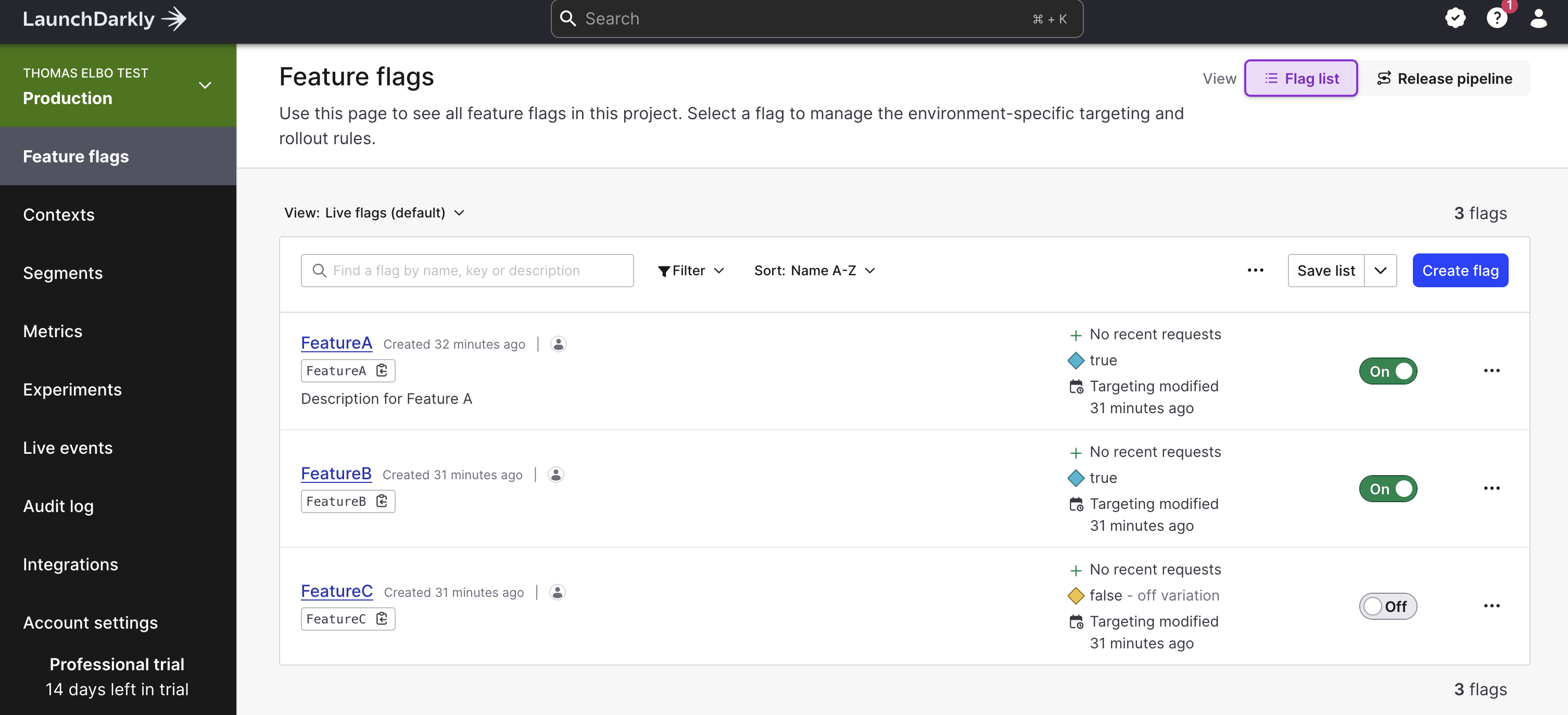Overview of Feature flags for a Production environment in LaunchDarkly.
